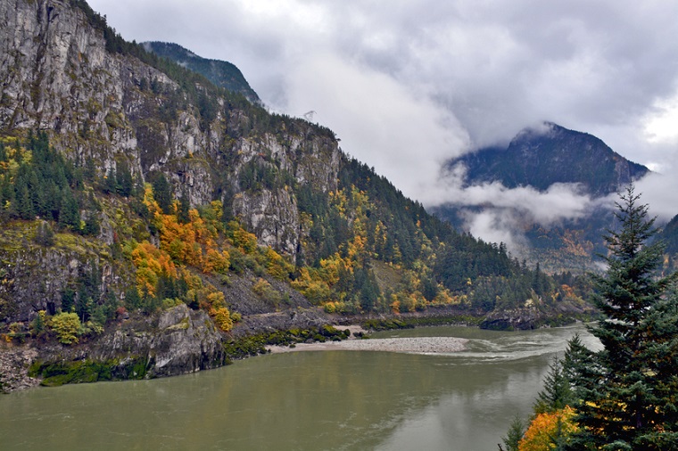 Brown Fraser River flowing in British Columbia, Canada