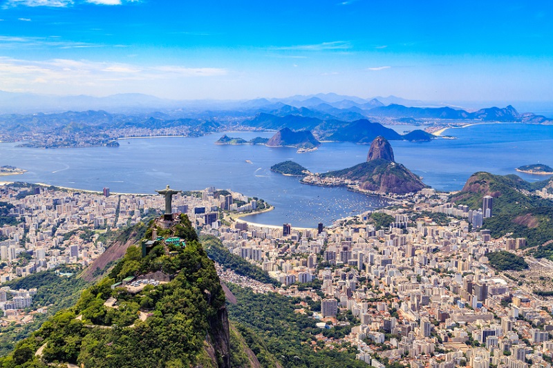 Aerial view of the Christ, The Redeemer Monument and the Corcovado Mountain in Rio de Janeiro, Brazil. 