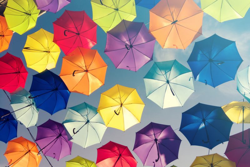 Colorful umbrellas in the sky, street decoration