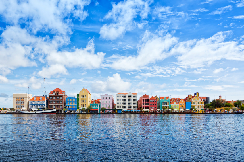 Historic houses with colorful facades at waterfront of Willemstad, Curaçao