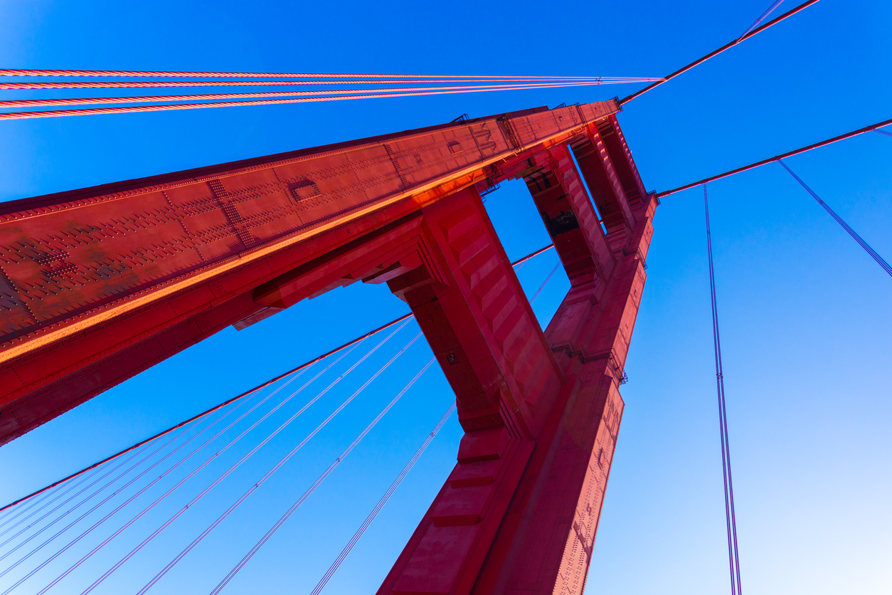 Low Angle Red Golden Gate Bridge Tower Blue Sky