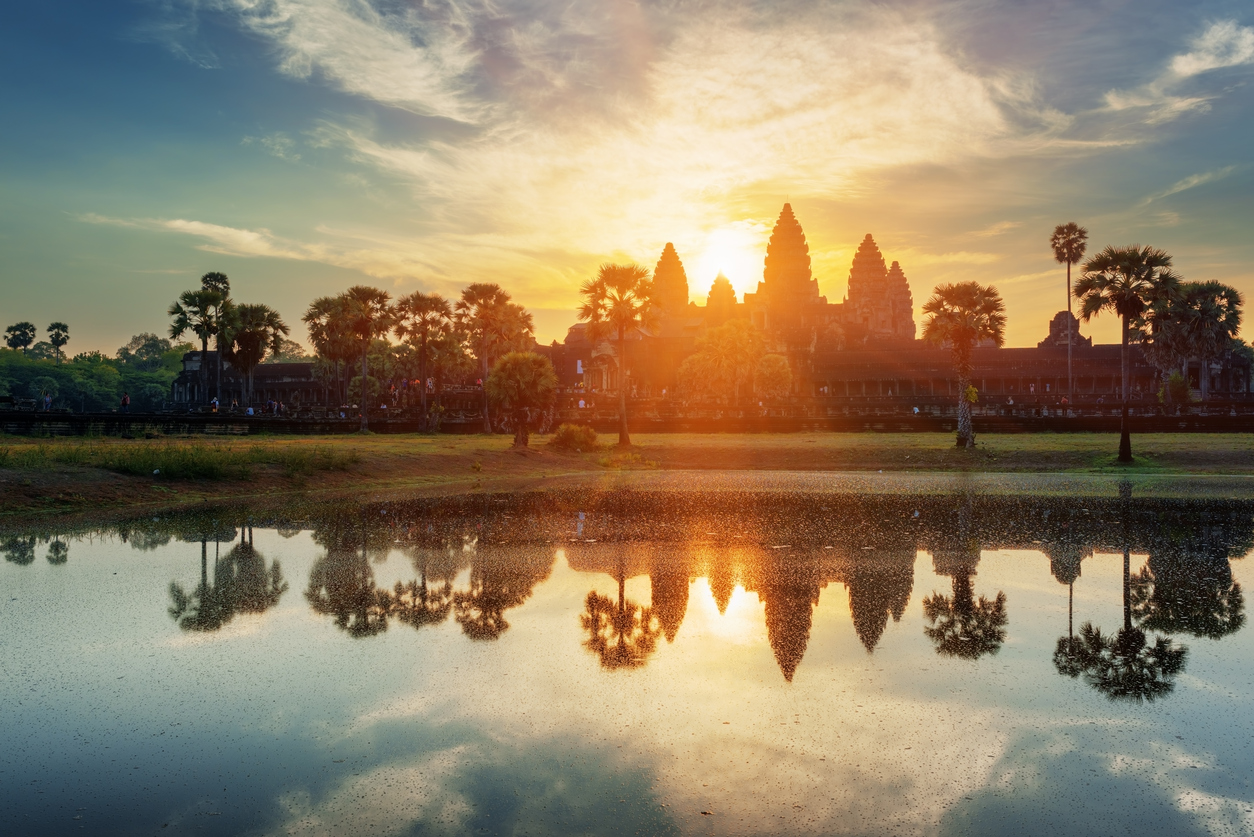 Mysterious towers of ancient Angkor Wat in Cambodia at dawn