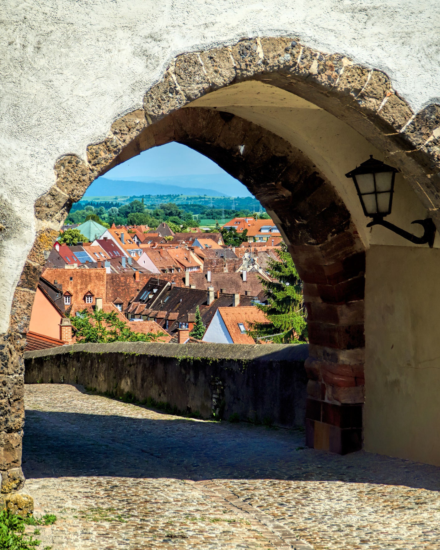 View through the gate from Hagenbach tower on the town of Breisach on the Rhine