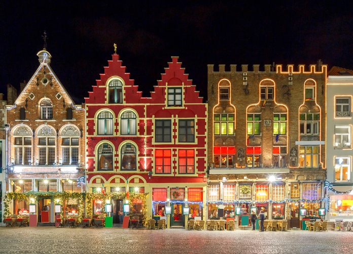Christmas decoration and lighting Old Market Square in the historic center of Bruges, Belgium.