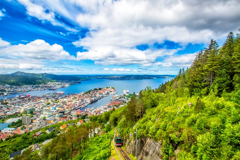View on Bergen and harbor from the mountain Floyen top. Norway