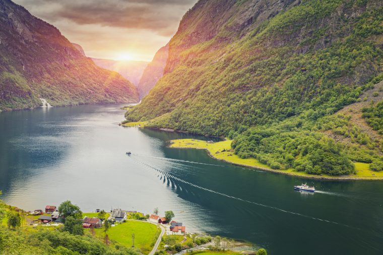 Beautiful scene of mountain and fjord, Neroy Fjord, Flam, Norway