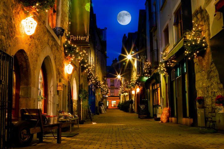 old Galway city street,Kerwan's Lane,decorated with christmass lights,night scene