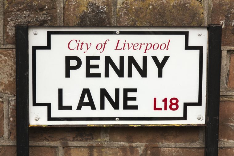 Close shot of the street sign to the famous Penny Lane in Liverpool.