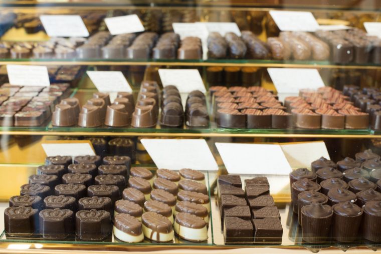 Shop window with selection of specialty chocolates