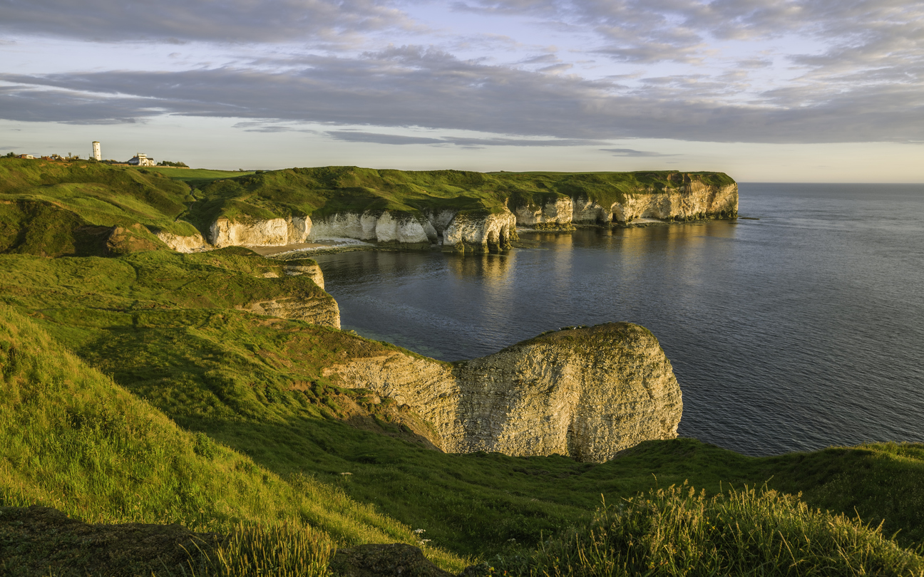 Chalk cliffs and North Sea at dawn, Flamborough, Yorkshire, UK. Into