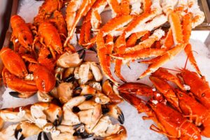 Closeup of lobsters, crabs and king crabs in Bergen fish market, Norway