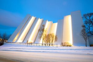 Tromso Arctic Cathedral Church in Norway at dusk twilight