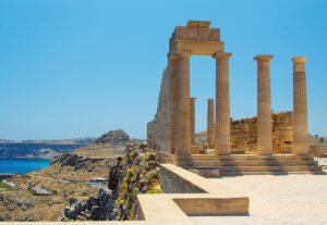 Picturesque view of Lindos St.Pauls Bay Acropolis, Rhodes, Greece