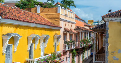 Colonial buildings and balconies in the historic center of Cartagena