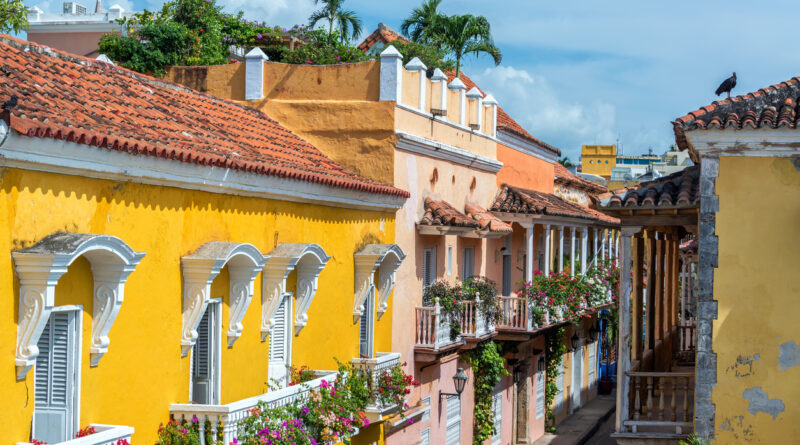 Colonial buildings and balconies in the historic center of Cartagena
