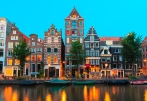 Night Amsterdam canals and typical houses, Holland, Netherlands