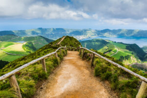 Walking path leading to a view on the lakes of Sete Cidades, Azores, Portugal