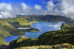 Lagoa do Fogo and green valley on San Miguel island of Azores