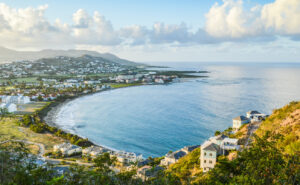 Looking at a touristic bay from up above on the mountain in St-Kitts-Nevis.