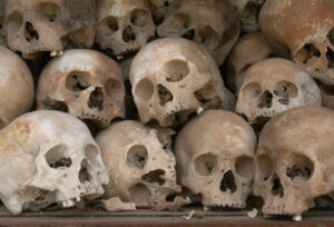 Skulls from a mass grave of Khmer Rouge victims in Choeung Ek aka the Killing Fields near Phnom Penh, Cambodia.