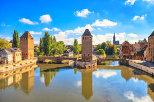 Strasbourg, medieval bridge Ponts Couverts and Cathedral, view from Barrage Vauban. Alsace, France.