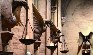 Wall carvings in Hogwarts Great Hall at the Harry Potter Warner Bros. Studio, London