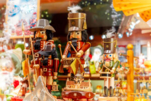 Christmas nutcracker king at a Christmas market decorated and illuminated in Bruges, Belgium.