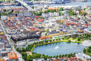View on Bergen and harbor from the mountain Floyen top. Norway